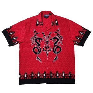 Sapphire Lounge Shirt Mens L Dragon Red‎ Button Up Y2k Guy Fieri All Over Print